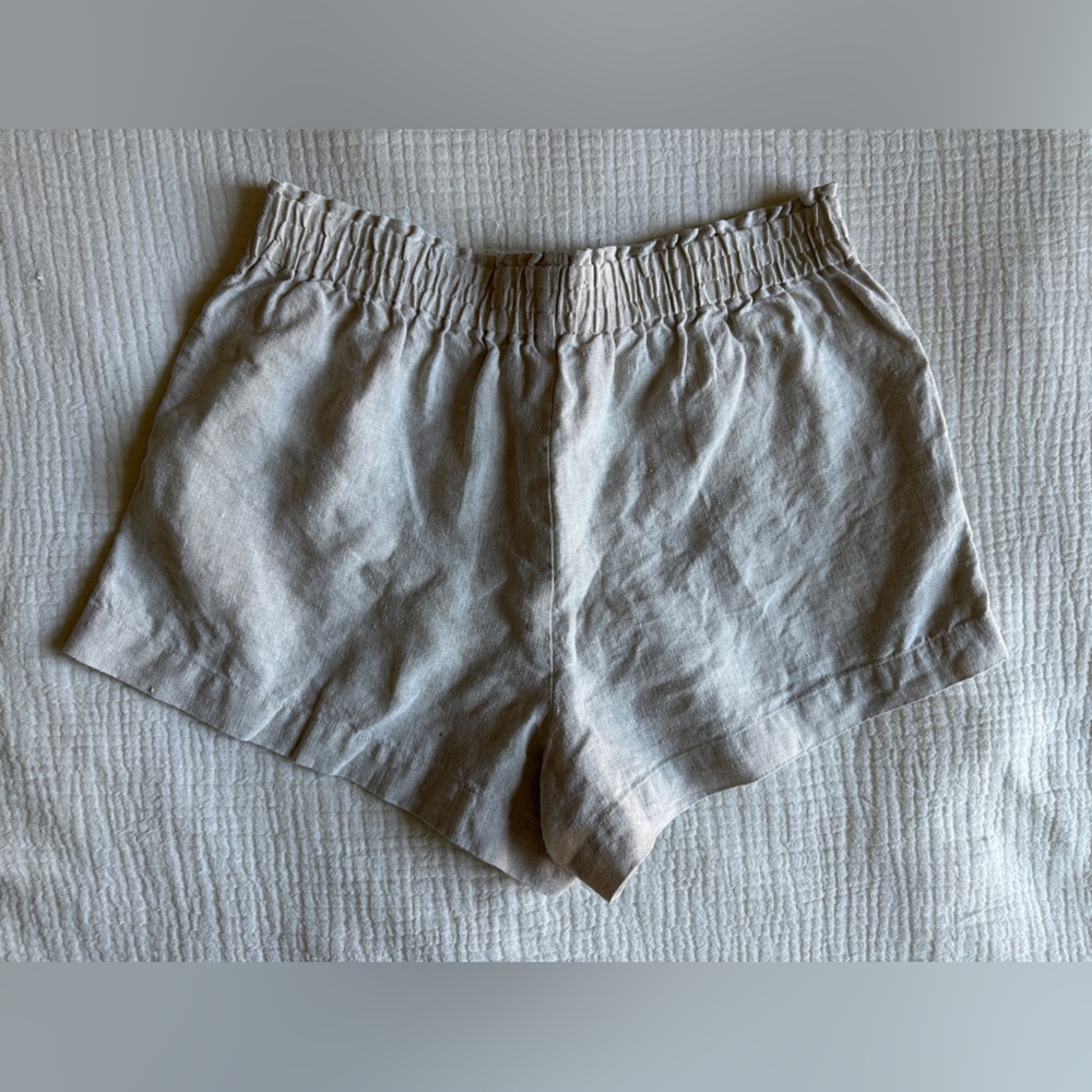 Reformation High Waisted Linen Blend Shorts in Light Beige